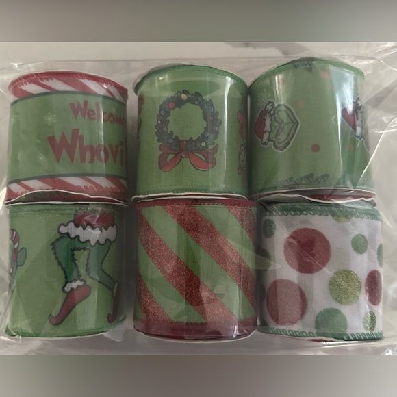Grinch Ribbon, Christmas Green/red, 2.5” x 5 yd Wired/ New 6 Rolls - Picture 1 of 3